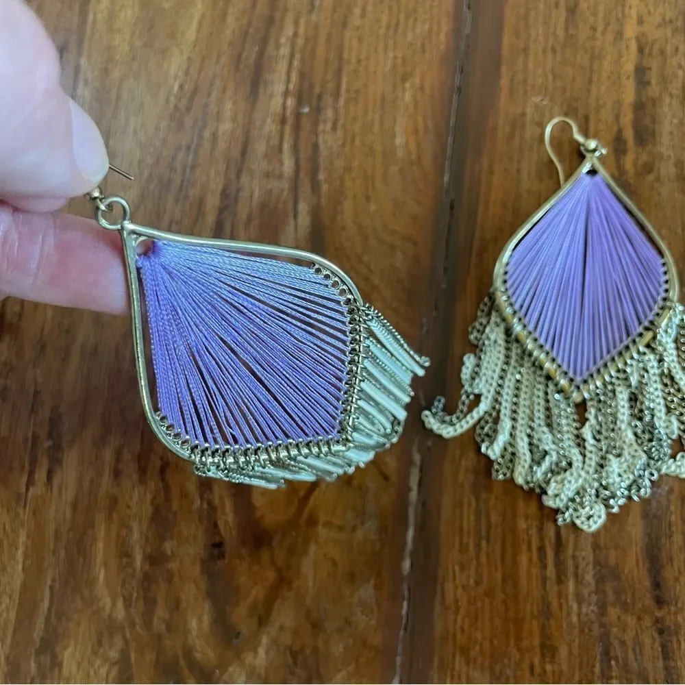 Elegant Purple and Gold Fringe Drop Earrings Costume Jewelry